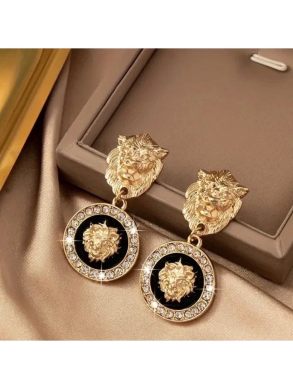 Gold Tone and Black Lion Medallion Drop Earrings - New NWT
